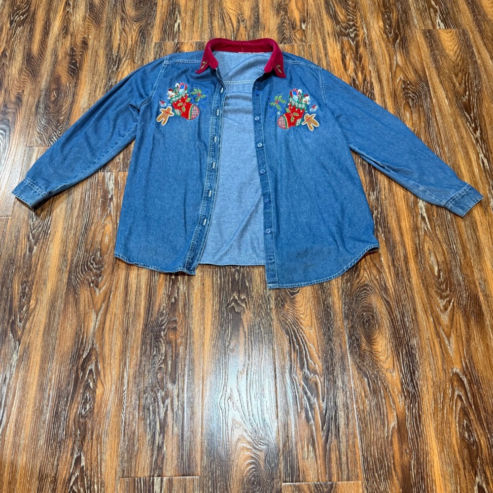 Vintage Christmas Shirt Denim Button Down Womens Cottagecore Embroidered Teacher